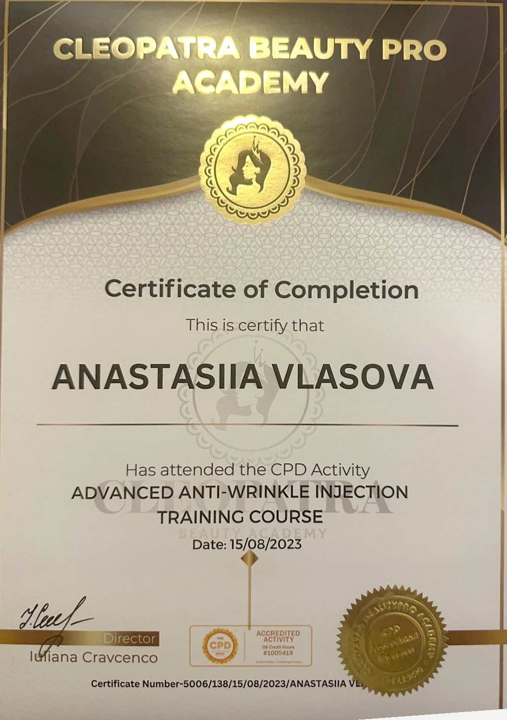 Advanced Anti-Wrinkle Injection certificate