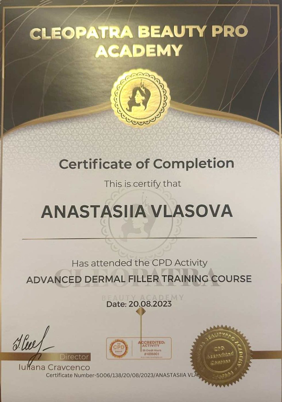 Advanced Dermal Filler certificate