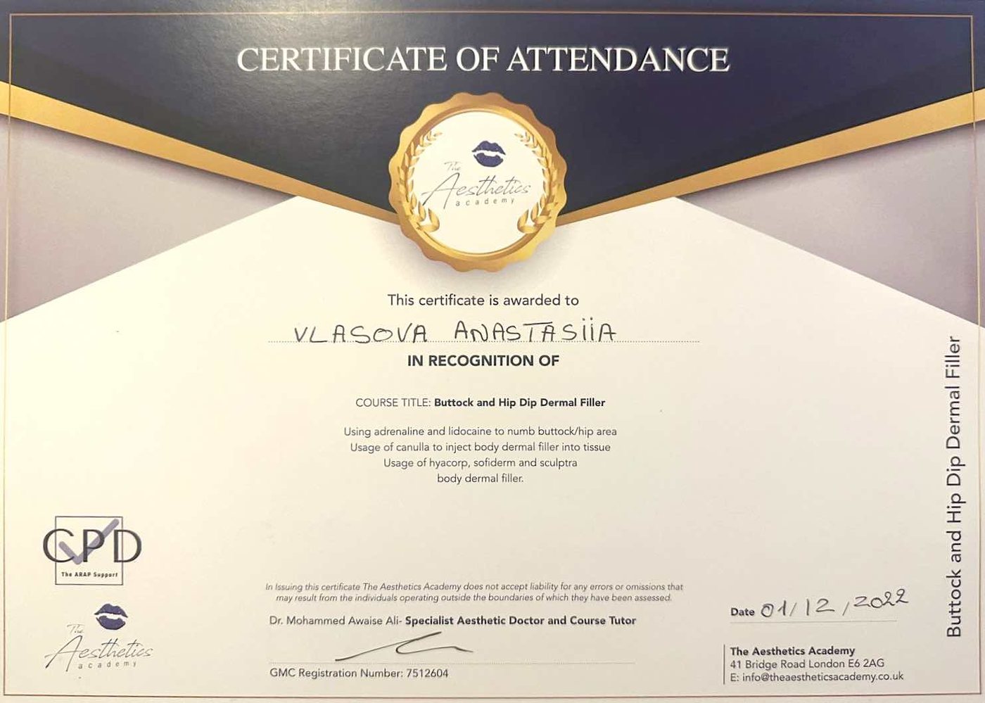 Buttock & Hip Dip Dermal Filler certificate