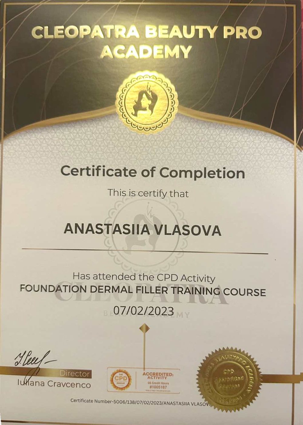 Foundation Dermal Filler certificate